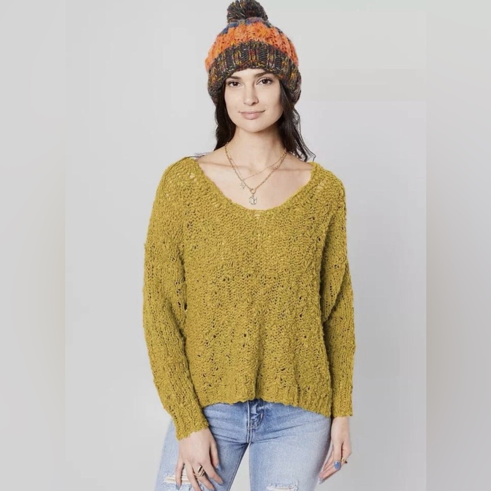 Free People Sunday Shore Pullover Knit Sweater Women’s M Gold Show Oversized
